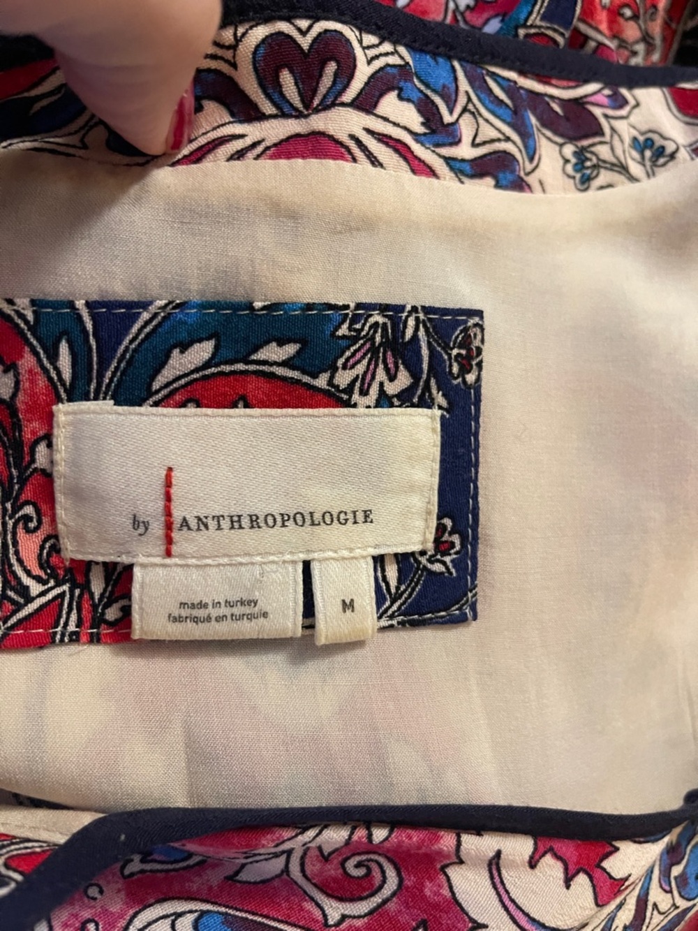 Anthropologie Spliced Tunic Dress Boho Floral Tie-Neck Mini Dress in Red / Blue - Picture 8 of 9